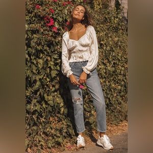 NWT Lulus Sophisticate Satin Ruched Long Sleeve Cream Size M